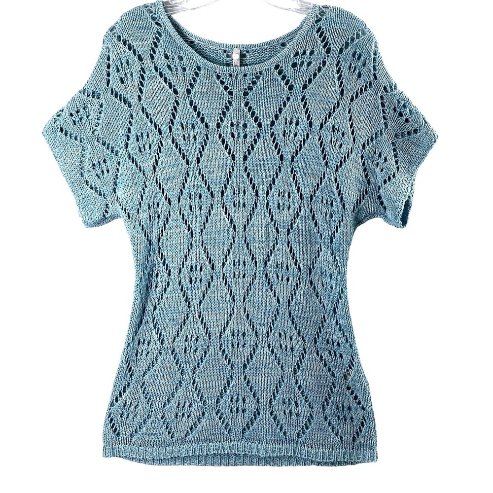 Leo & Nicole Crochet Top Womens Small Blue Open Knit Short Sleeve Sweater Layer